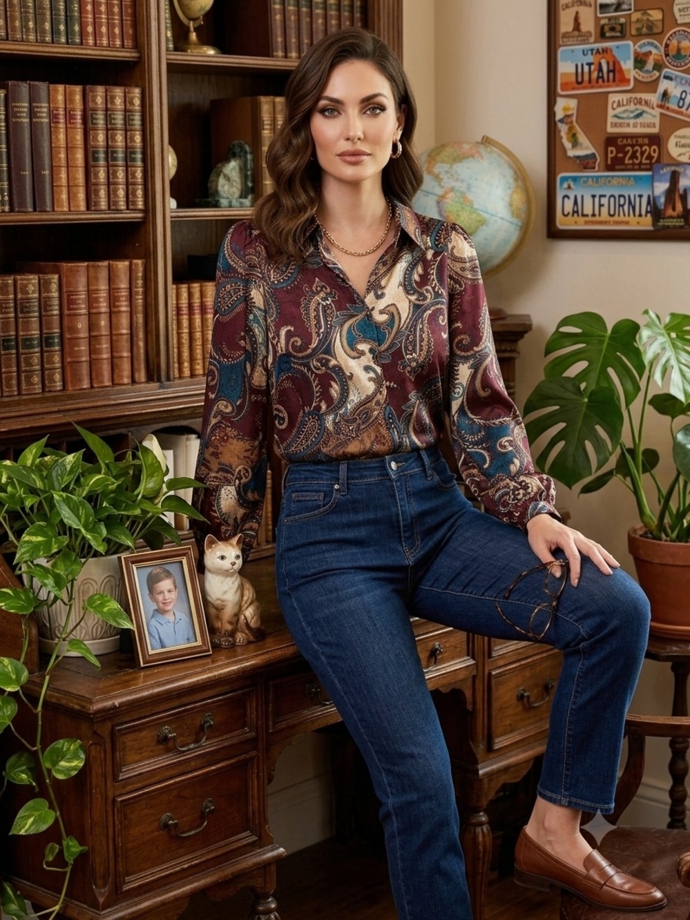 Badgely Mischa Button-Up Top in Burgundy/Teal